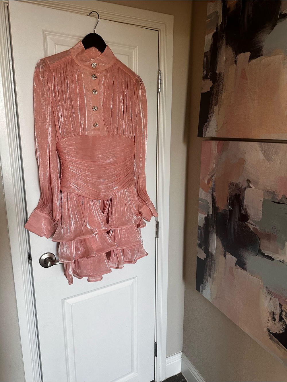 High-Neck Pink Ruffle-Trim Mini Dress - Picture 3 of 7